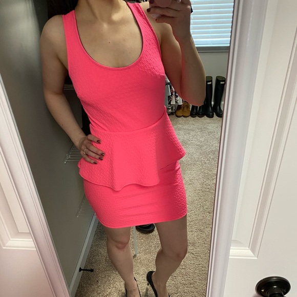Neon Pink Peplum Cocktail Dress - Picture 3 of 5